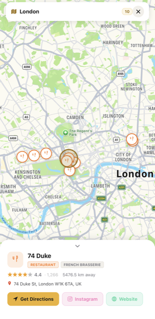 Live map showing saved places nearby with distance and directions