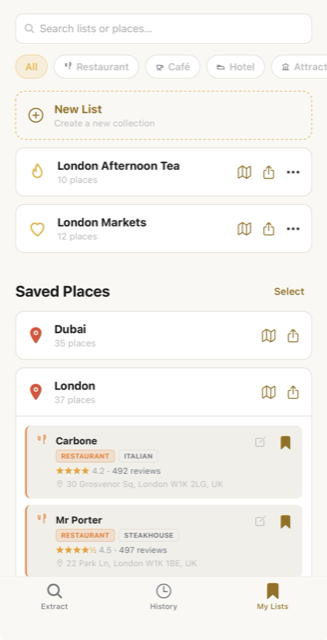 My Lists screen with saved place collections and lists